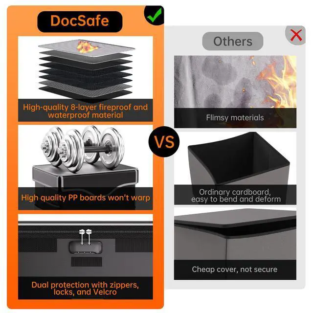 Alt view image 5 of 7 - 5200°F Fireproof Document Box with Lock,Heat Insulated File Organizer Storage with Pockets,Collapsible Portable Home Office File Safe Box with Handle for Hanging Letter/Legal Folders, Black