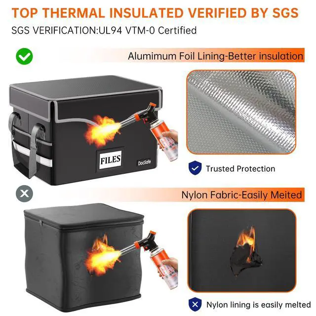 Alt view image 6 of 7 - 5200°F Fireproof Document Box with Lock,Heat Insulated File Organizer Storage with Pockets,Collapsible Portable Home Office File Safe Box with Handle for Hanging Letter/Legal Folders, Black