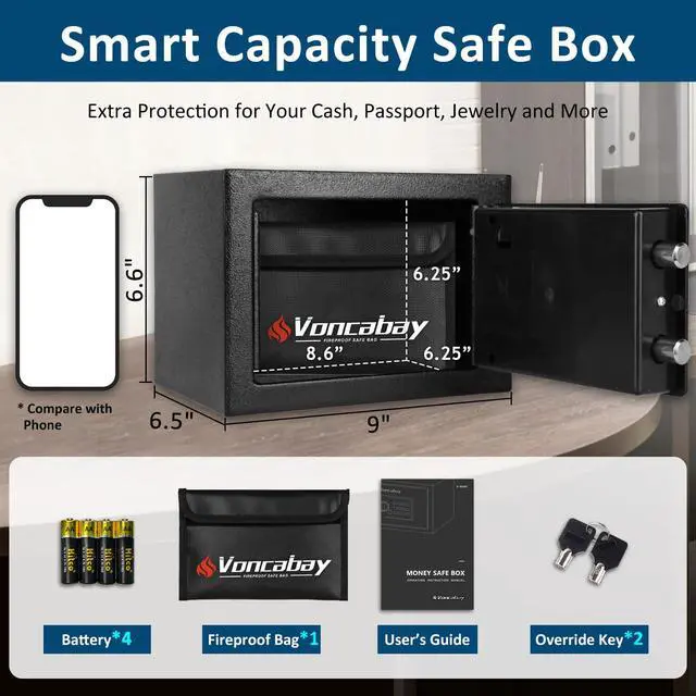 Alt view image 2 of 6 - Money Safe Box for Home with Sensor Light & Fireproof Money Bag - 0.23 Cubic Feet Security Safe Box with Digital Keypad, Keys & Pass Code Lock, 9.05" W x 6.69" D x 6.69" H, Black