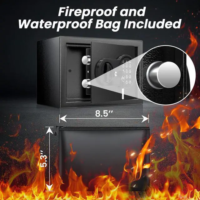 Alt view image 5 of 7 - Safe Box with Fireproof Waterproof Bag, Home Safe with Keys & Pass Code & Wall Mount Kits, Money Safe with Smart Alert System for Money, Jewelry, and Documents, 0.5 Cu ft