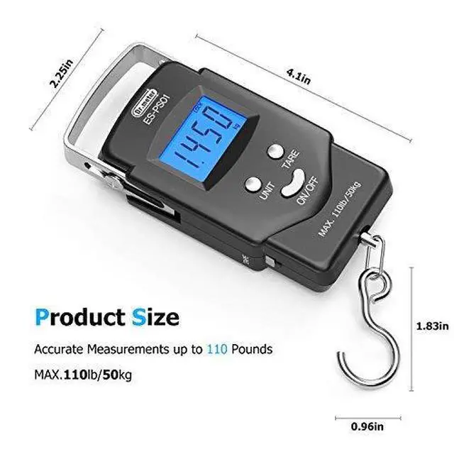 Alt view image 3 of 7 - Fish Scale Luggage Scale Fishing Gear - 110lb/50kg Backlit LCD Display Digital Scale with Built-in Measuring Tape - Fishing Scale with 2 AAA Batteries, Pocket Size - Fishing Gifts for Men
