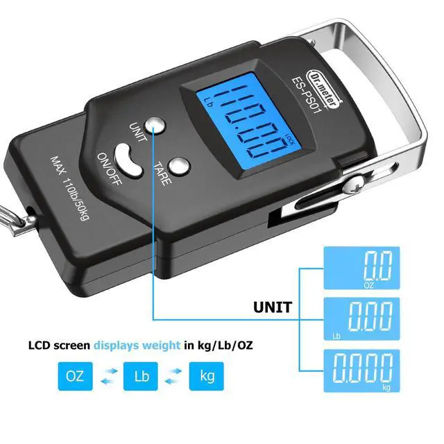 Alt view image 6 of 7 - Fish Scale Luggage Scale Fishing Gear - 110lb/50kg Backlit LCD Display Digital Scale with Built-in Measuring Tape - Fishing Scale with 2 AAA Batteries, Pocket Size - Fishing Gifts for Men