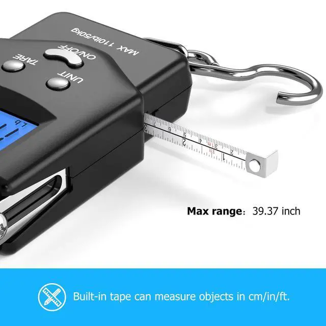 Alt view image 5 of 7 - Fish Scale Luggage Scale Fishing Gear - 110lb/50kg Backlit LCD Display Digital Scale with Built-in Measuring Tape - Fishing Scale with 2 AAA Batteries, Pocket Size - Fishing Gifts for Men