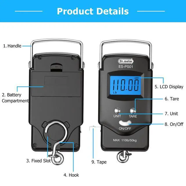 Alt view image 7 of 7 - Fish Scale Luggage Scale Fishing Gear - 110lb/50kg Backlit LCD Display Digital Scale with Built-in Measuring Tape - Fishing Scale with 2 AAA Batteries, Pocket Size - Fishing Gifts for Men