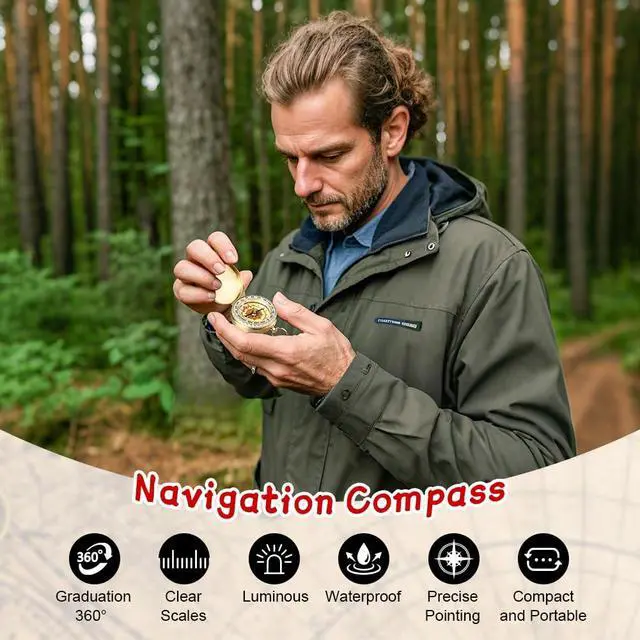 Alt view image 5 of 7 - Camping Survival Compass, Waterproof Pocket Compass, with Luminous Function, for Hiking Hunting Camping Outdoor Military Navigation Tool