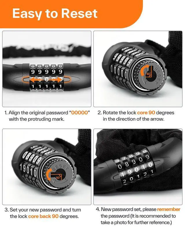 Alt view image 6 of 7 - Bike Lock: 5 Digit Combination High Security Anti Theft Bike Chain Lock - 3.2/3.6/4ft Heavy Duty Keyless Bicycle Lock for Bike Motorcycle Scooter Door & Gate - Easy to Use, Bike Accessories