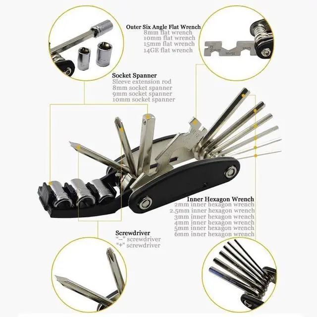 Alt view image 2 of 7 - B32 Bike Repair Tool Kit - 16-in-1 Multi-Function Bicycle Mechanic Fix Tools Set with Glueless Tire Tube Patches & Tire Levers, Compact Bag Included, Ideal Gift for Cyclists
