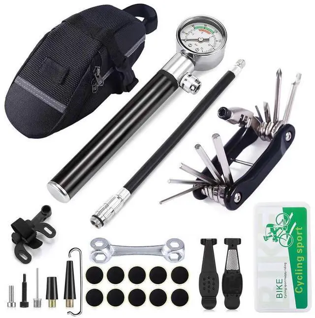 Main image of Bike Tire Repair Kit with 210PSI Mini Pump & 10-in-1 Multi-Tool | Includes Chain Breaker, Glueless Patches, Tire Levers & Portable Bag | for Road, Mountain & BMX Bicycles