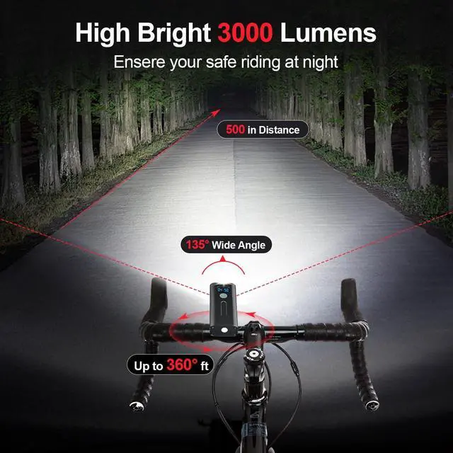 Alt view image 3 of 7 - 3000 Lumens Multifunctional Bike Light Set,5200 mAh Bike Light Rechargeable,Front Bike Light for Night Riding,Two LED Digital Display Design,IPX5 Waterproof,5+4 Modes Mountain Bike Lights