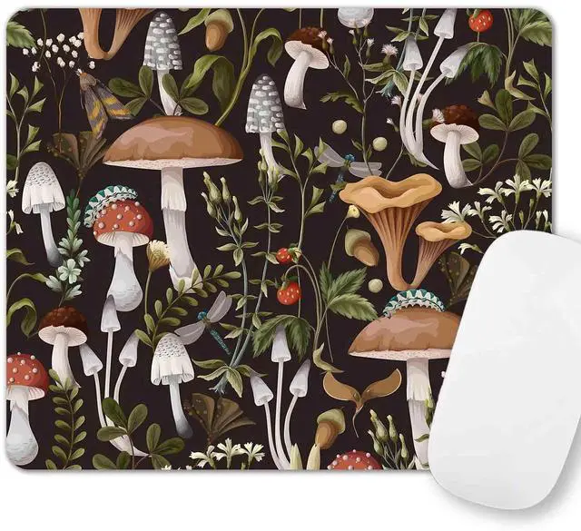Main image of Cute Mushrooms Mouse Pad, Berries and Bugs Mousepad, Square Natural Trendy Print Mouse Pad, Perfect Design for Gaming, Computer, Office, Laptop, Office Work, Non-Slip Rubber Mouse Mat, 9.5x7.9 inch