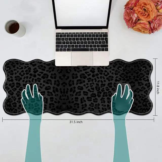 Alt view image 2 of 7 - Black Leopard Print Desk Mat Mouse Pad 31.5" x11.8" XL Extended Mousepad Huge Mouse Pads with Stitched Edges Desk Pad for Work, Game, Office, Home