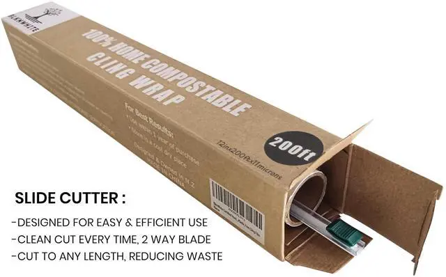 Alt view image 2 of 7 - Certified Compostable Cling Wrap with Slide Cutter - 12" Wide x 200 feet. ASTM 6400 Certified Cling Wrap. Great Alternative to Beeswax Wraps or Plastic Wrap.