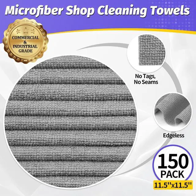 Alt view image 2 of 7 - Microfiber Cleaning Cloth,150 Pack Grey Cleaning Rags, Bulk All-Purpose Lint-Free Shop Towels Wipes, Commercial Micro Fiber Cleaning Towels Washcloth for Car Garage Housekeeping 11.5"*11.5"