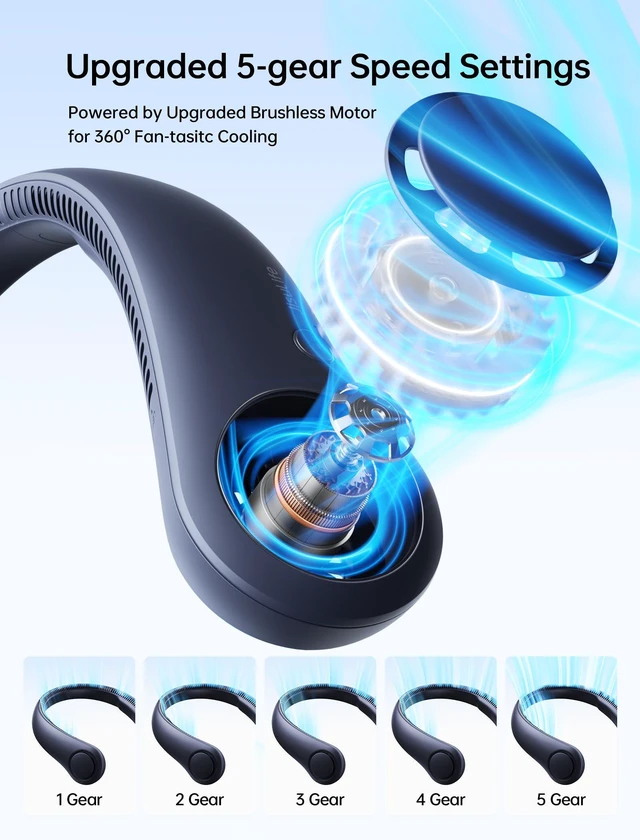 Alt view image 2 of 7 - Portable Neck Fan, Hands Free Bladeless Fan, 5 Speeds, 4000 mAh | Battery Operated Wearable Personal Fan, Twistable, Rechargeable Travel Essentials, Gifts for Women Men-Blue
