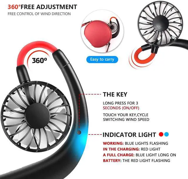 Alt view image 2 of 7 - Portable Neck Fan 2500 mAh Rechargeable USB Hands-Free Mini Face Cooling Personal Double Headed Rotatable Small Fan for Working Office Reading Traveling Outdoor Sport