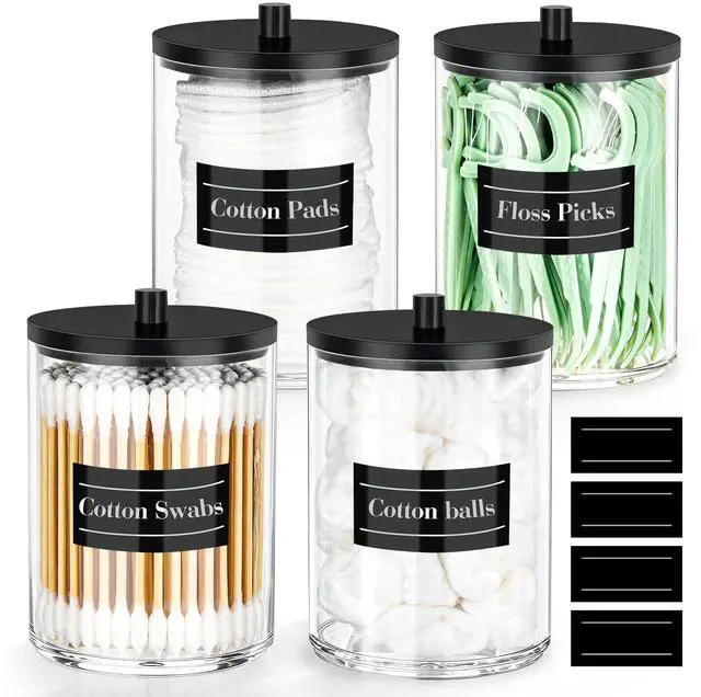 Main image of 4 Pack 10 oz Acrylic Qtip Holder with Labels Dispenser- Bathroom Small Clear Plastic Canister Apothecary Jar Set Essentials Accessories Decor, Vanity Storage Organizer
