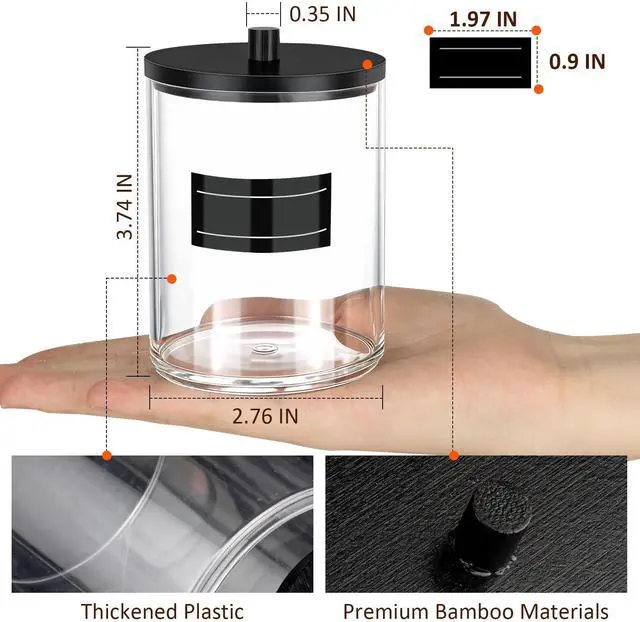 Alt view image 2 of 6 - 4 Pack 10 oz Acrylic Qtip Holder with Labels Dispenser- Bathroom Small Clear Plastic Canister Apothecary Jar Set Essentials Accessories Decor, Vanity Storage Organizer