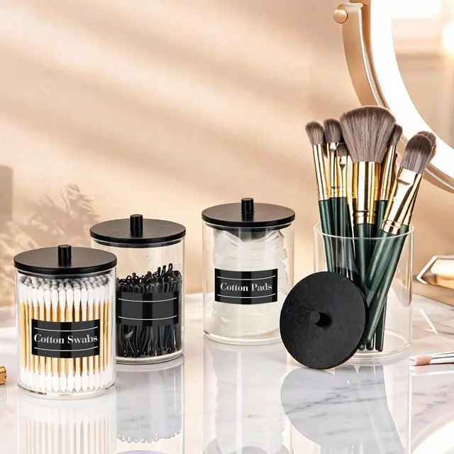 Alt view image 4 of 6 - 4 Pack 10 oz Acrylic Qtip Holder with Labels Dispenser- Bathroom Small Clear Plastic Canister Apothecary Jar Set Essentials Accessories Decor, Vanity Storage Organizer