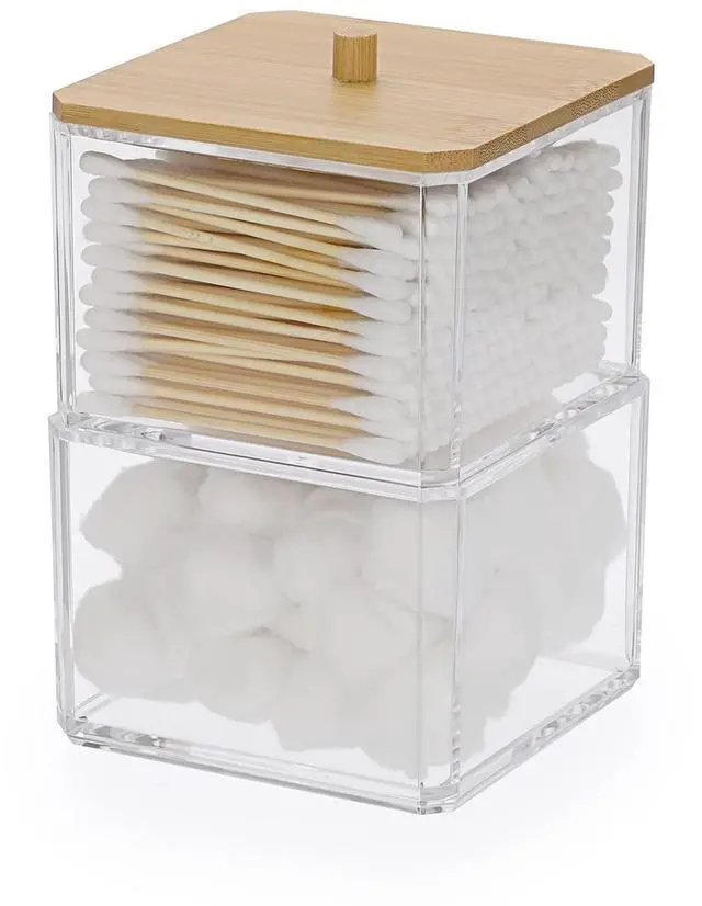 Main image of Clear Q-tip Dispenser Holder Acrylic Bathroom Containers 2-Tier Square Apothecary Jar with Lid Canister Cotton Swab and Ball Holder Vanity Storage Organizer for Cotton Round and Pads, Floss