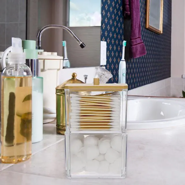Alt view image 6 of 7 - Clear Q-tip Dispenser Holder Acrylic Bathroom Containers 2-Tier Square Apothecary Jar with Lid Canister Cotton Swab and Ball Holder Vanity Storage Organizer for Cotton Round and Pads, Floss