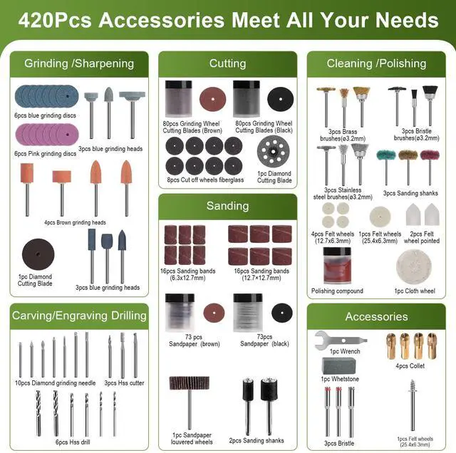 Alt view image 2 of 6 - Rotary Tool Accessory Kit, 420 Pcs Accessories Kit, 1/8"(3.2mm) Diameter Shanks, Universal Fitment All Rotary Tool for Easy Cutting, Sanding, Grinding, Sharpening, Engraving, Carving- PRA420