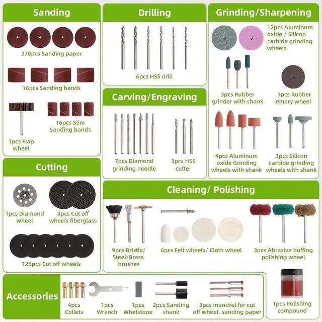 Alt view image 2 of 7 - 510-Piece Rotary Tool Accessories Kit, 1/8 inch (3.2mm) Diameter Shanks, Universal Accessories Bits for Easy Cutting, Sanding, Grinding, Carving, Polishing, Drilling and Engraving