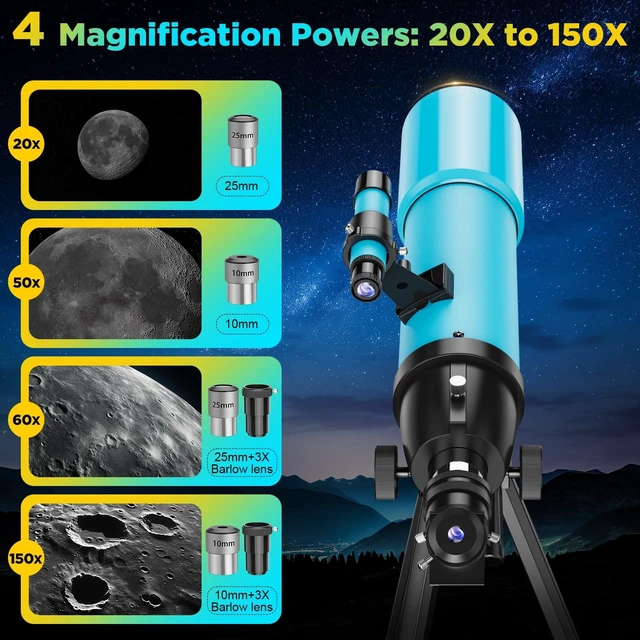 Alt view image 3 of 7 - 90mm Refractor Telescope for Adults & Kids: 150X Scope with 133cm Tripod 90mm Large Aperture, Fully Multi-Coated Optics, Brighter Views, Higher Contrast, 20X-150X Magnification, Tool-Free Setup