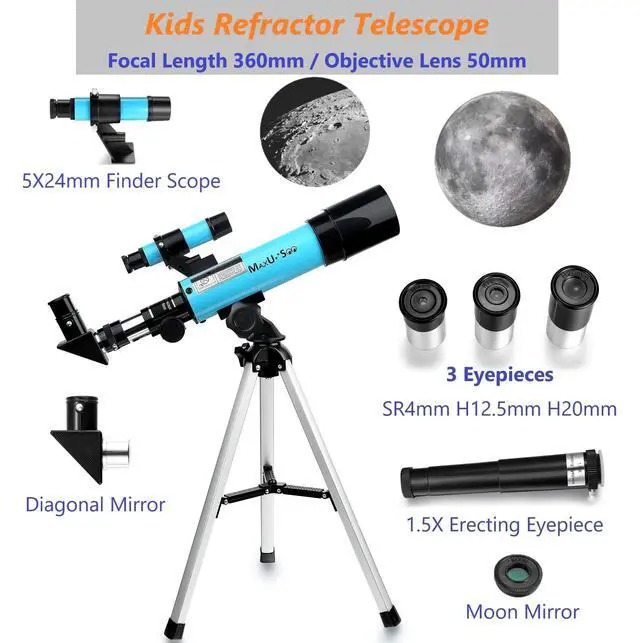 Alt view image 2 of 6 - Lunar Telescope for Kids and Astronomy Beginners, Refractor Telescope with Finder Scope and 3 Eyepieces, Travel Telescope with Compact HD Binoculars for Moon Viewing Bird Watching Sightseeing