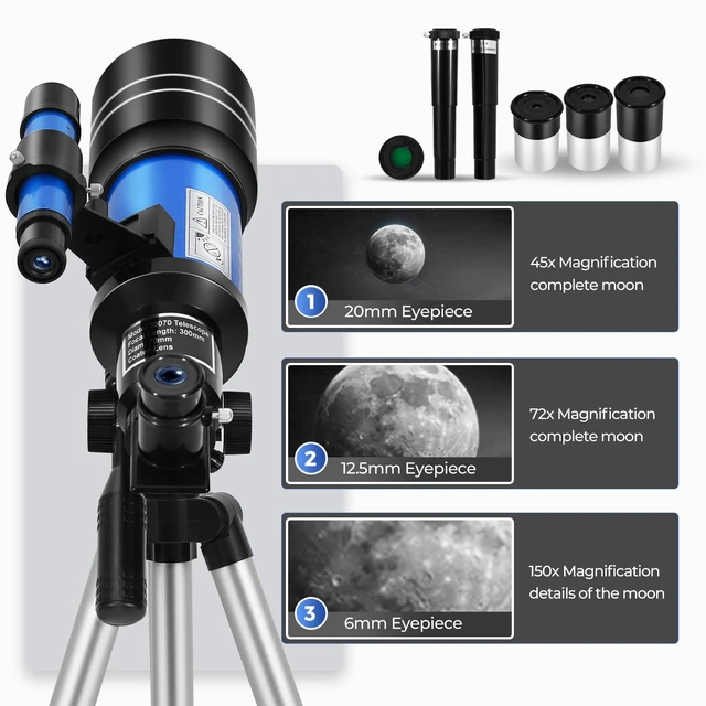 Alt view image 4 of 6 - Telescope for Kids & Beginners, 70mm Aperture Portable Telescopes with 3 Eyepieces, Height Adjustable Tripod & Phone Adapter & Remote Control Gift for Christmas
