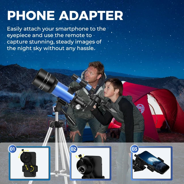 Alt view image 5 of 6 - Telescope for Kids & Beginners, 70mm Aperture Portable Telescopes with 3 Eyepieces, Height Adjustable Tripod & Phone Adapter & Remote Control Gift for Christmas