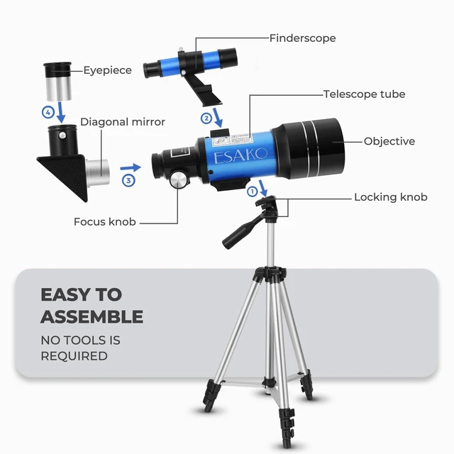 Alt view image 6 of 6 - Telescope for Kids & Beginners, 70mm Aperture Portable Telescopes with 3 Eyepieces, Height Adjustable Tripod & Phone Adapter & Remote Control Gift for Christmas