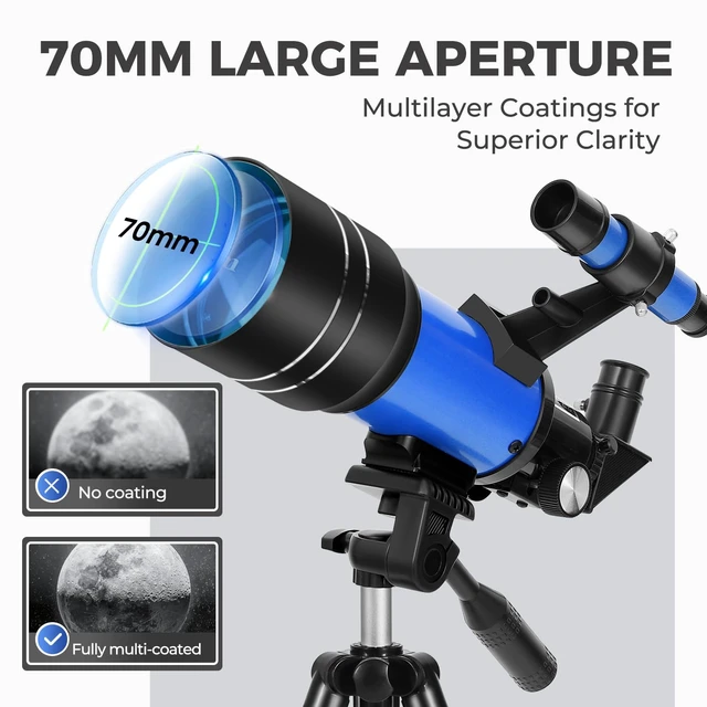 Alt view image 2 of 6 - Telescope for Kids & Beginners, 70mm Aperture Portable Telescopes with 3 Eyepieces, Height Adjustable Tripod & Phone Adapter & Remote Control Gift for Christmas