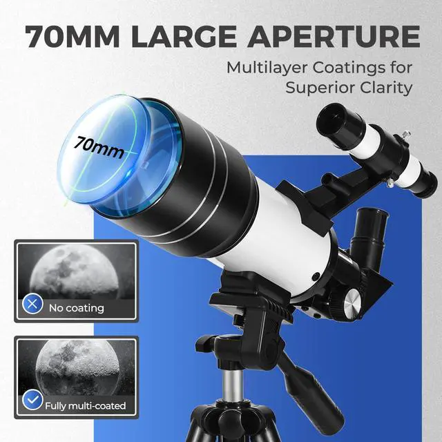 Alt view image 2 of 6 - Telescope for Kids & Beginners, 70mm Aperture Portable Telescopes with 3 Eyepieces, Height Adjustable Tripod & Phone Adapter & Remote Control Gift for Christmas