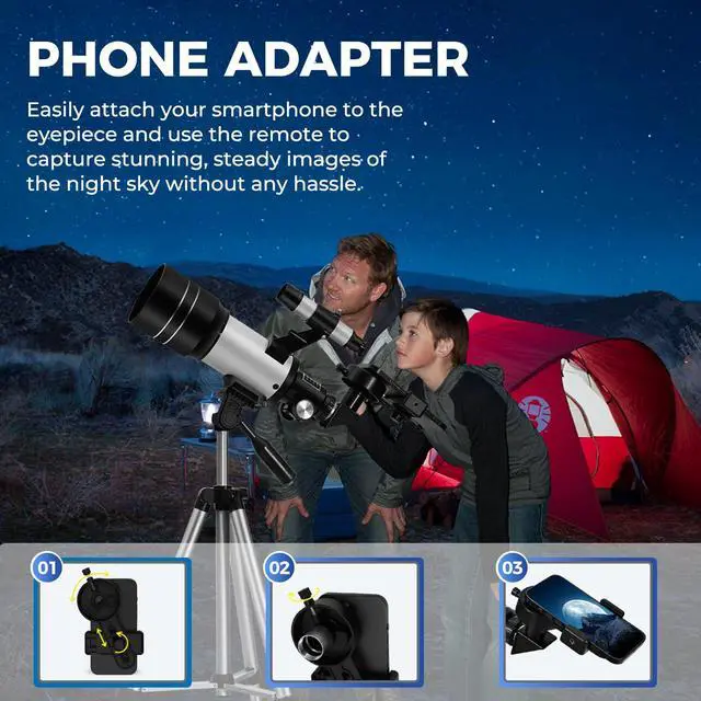 Alt view image 5 of 6 - Telescope for Kids & Beginners, 70mm Aperture Portable Telescopes with 3 Eyepieces, Height Adjustable Tripod & Phone Adapter & Remote Control Gift for Christmas