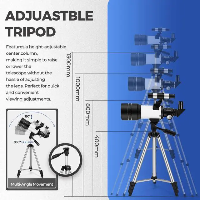 Alt view image 3 of 6 - Telescope for Kids & Beginners, 70mm Aperture Portable Telescopes with 3 Eyepieces, Height Adjustable Tripod & Phone Adapter & Remote Control Gift for Christmas