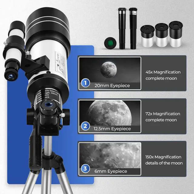 Alt view image 4 of 6 - Telescope for Kids & Beginners, 70mm Aperture Portable Telescopes with 3 Eyepieces, Height Adjustable Tripod & Phone Adapter & Remote Control Gift for Christmas