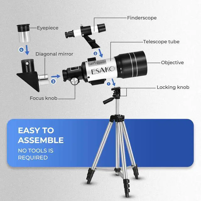 Alt view image 6 of 6 - Telescope for Kids & Beginners, 70mm Aperture Portable Telescopes with 3 Eyepieces, Height Adjustable Tripod & Phone Adapter & Remote Control Gift for Christmas