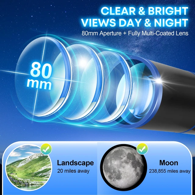 Alt view image 3 of 7 - Portable Telescope for Kids & Beginners 80mm Aperture 500mm Telescopes for Adults Astronomy, Portable Refractor Telescope with Decorate Stickers, Backpack, Phone Adapter-BlackBlue