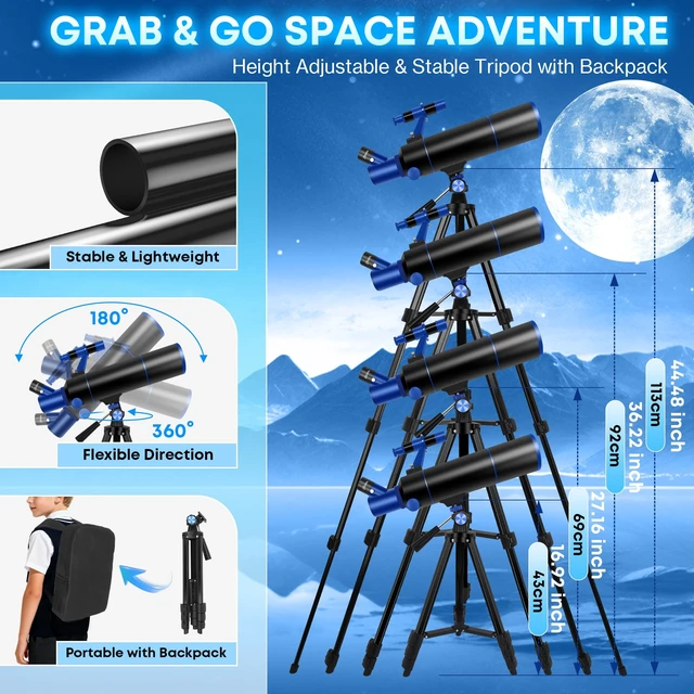 Alt view image 6 of 7 - Portable Telescope for Kids & Beginners 80mm Aperture 500mm Telescopes for Adults Astronomy, Portable Refractor Telescope with Decorate Stickers, Backpack, Phone Adapter-BlackBlue