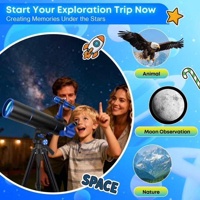 Alt view image 7 of 7 - Portable Telescope for Kids & Beginners 80mm Aperture 500mm Telescopes for Adults Astronomy, Portable Refractor Telescope with Decorate Stickers, Backpack, Phone Adapter-BlackBlue