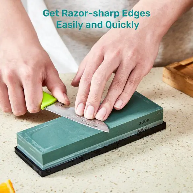 Alt view image 2 of 7 - Knife Sharpening Stone with Non-slip Rubber Base, 400/1000 Grit Premium Whetstone, Double-Sided Knife Sharpener for Kitchen, Waterstone for Honing Blades Manually