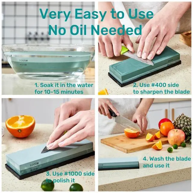 Alt view image 4 of 7 - Knife Sharpening Stone with Non-slip Rubber Base, 400/1000 Grit Premium Whetstone, Double-Sided Knife Sharpener for Kitchen, Waterstone for Honing Blades Manually