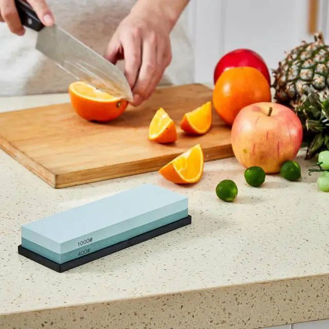 Alt view image 6 of 7 - Knife Sharpening Stone with Non-slip Rubber Base, 400/1000 Grit Premium Whetstone, Double-Sided Knife Sharpener for Kitchen, Waterstone for Honing Blades Manually