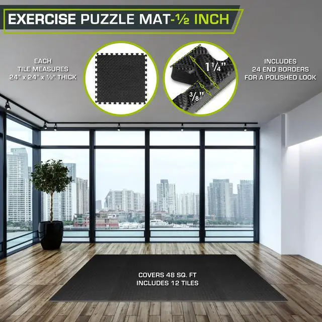 Alt view image 2 of 6 - Puzzle Exercise Mat ½ in, EVA Interlocking Foam Floor Tiles for Home Gym, Mat for Home Workout Equipment, Floor Padding for Kids, Black, 24 in x 24 in x ½ in, 48 Sq Ft - 12 Tiles