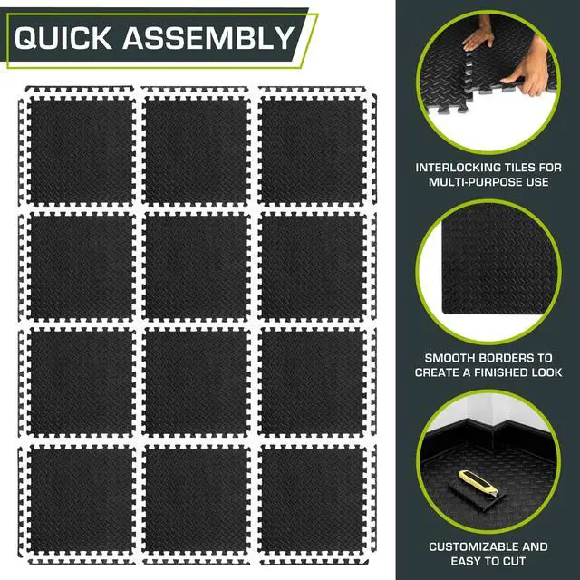 Alt view image 6 of 6 - Puzzle Exercise Mat ½ in, EVA Interlocking Foam Floor Tiles for Home Gym, Mat for Home Workout Equipment, Floor Padding for Kids, Black, 24 in x 24 in x ½ in, 48 Sq Ft - 12 Tiles