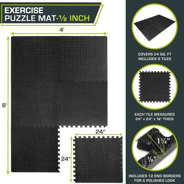 Alt view image 2 of 6 - Puzzle Exercise Mat ½ in, EVA Interlocking Foam Floor Tiles for Home Gym, Mat for Home Workout Equipment, Floor Padding for Kids, Black, 24 in x 24 in x ½ in, 24 Sq Ft - 6 Tiles