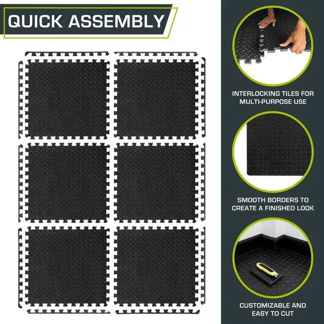 Alt view image 6 of 6 - Puzzle Exercise Mat ½ in, EVA Interlocking Foam Floor Tiles for Home Gym, Mat for Home Workout Equipment, Floor Padding for Kids, Black, 24 in x 24 in x ½ in, 24 Sq Ft - 6 Tiles