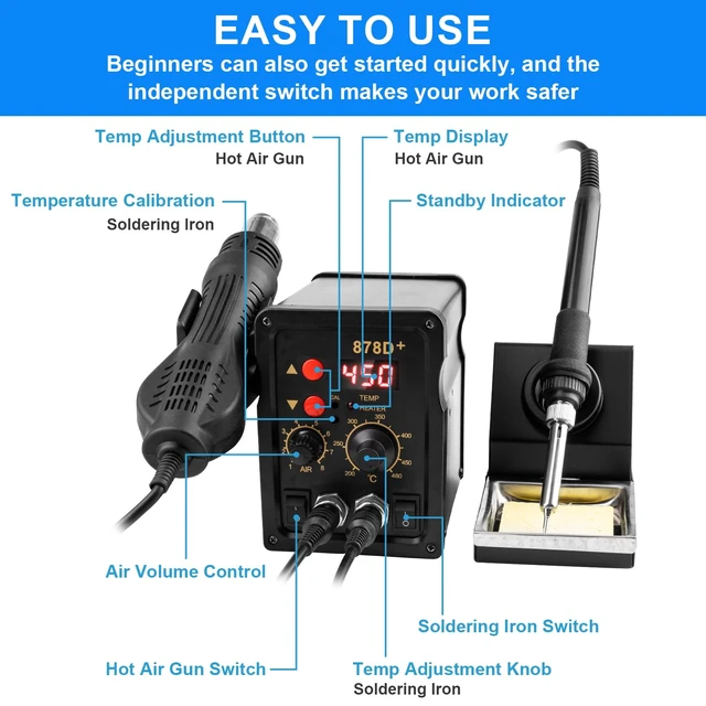 Alt view image 3 of 7 - 2 in 1 Hot Air Rework Soldering Iron Station Kit, Precision Circuit Board Soldering Gun Kit, Rapid Heat up Solder Station, Upgrade Dual System Independent Control, Auto Sleep & Calibration