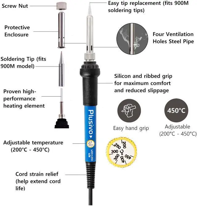Alt view image 2 of 7 - Soldering Iron Kit, 60W Adjustable Temperature 5-in-1 Solder Wire, Stand, Sponge, Rosin Paste Flux, Fast Heating Desoldering Tool for Electronics Repair Hobby DIY 120 V US Plug
