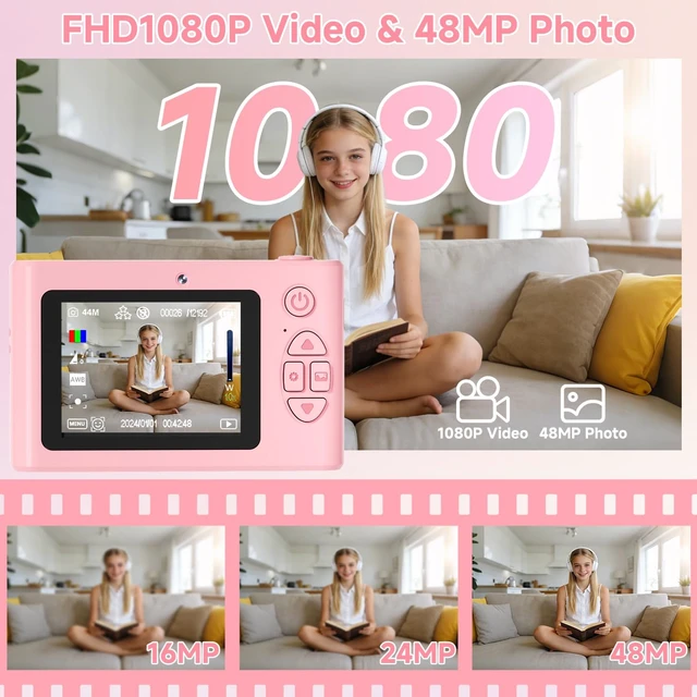 Alt view image 2 of 7 - Digital Camera,48MP Kids Camera 1080P Dual Lens Cmopact Camera with Fill Light,Portable Camera with 32GB SD Card,Small Digital Camera for Kids Teens Boys and Girls,Pink